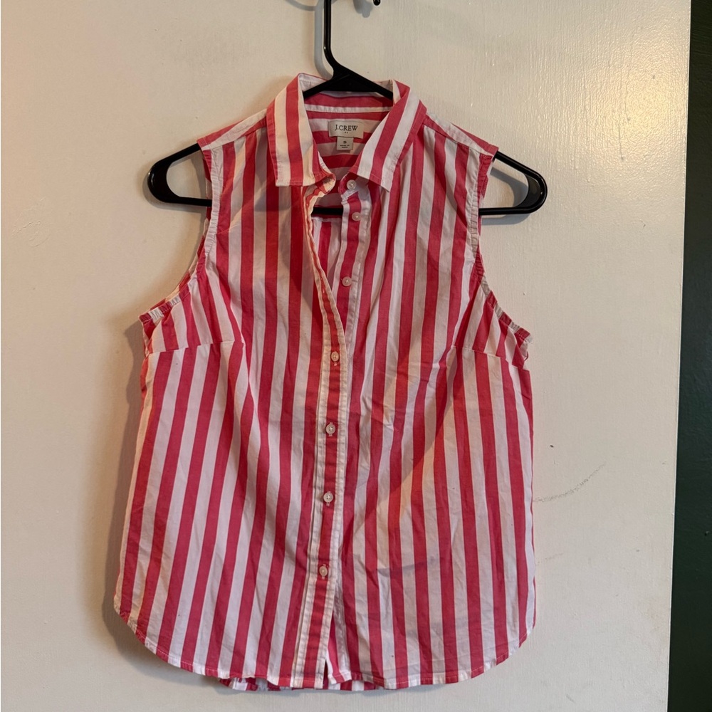 J. Crew Red and White Striped Sleeveless Button-Up Blouse